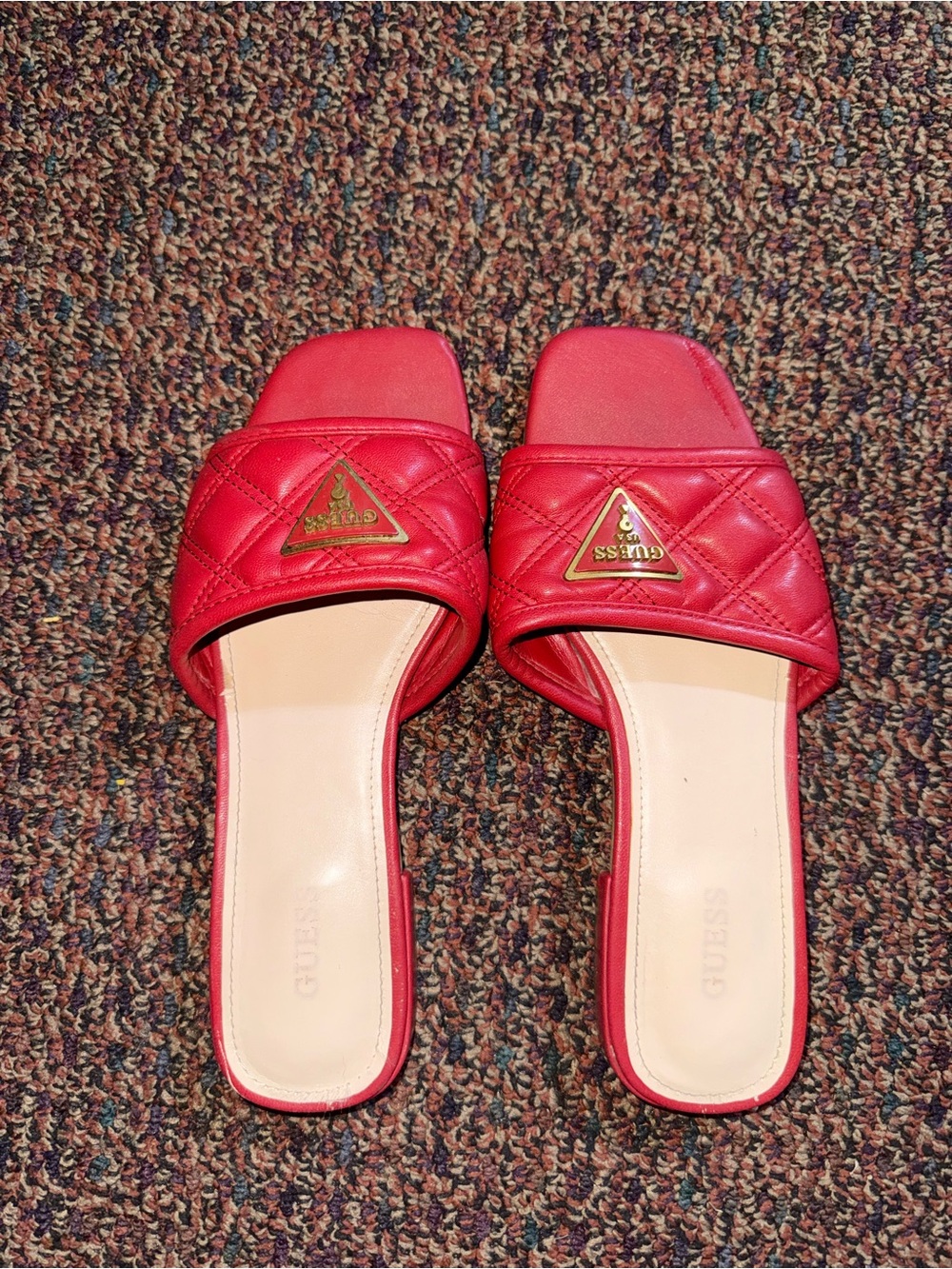 GUESS Red Quilted Slide Mules with Gold Logo